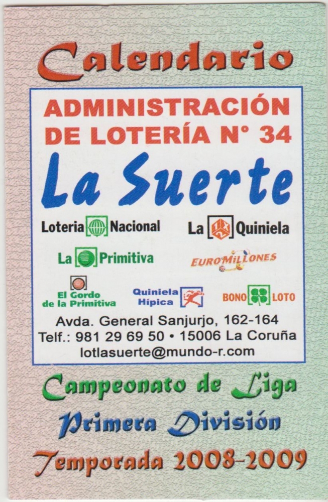 z vendido Calendario Bolsillo Partidos Campeonato Liga 2008-09 La suerte Pocket Calendar Kalender Calendrier Kalendar 